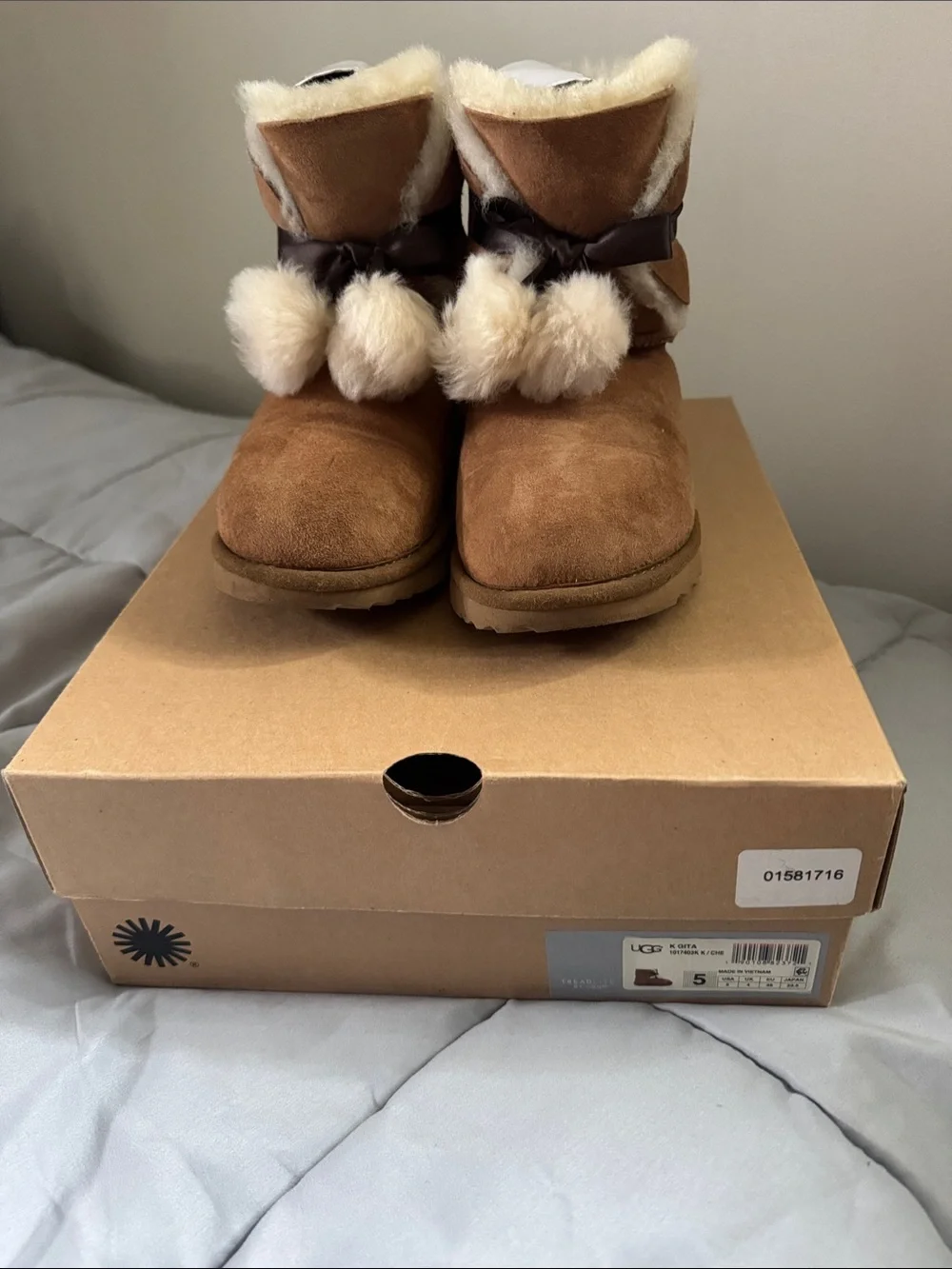 UGG Kids Chestnut Suede Pom Pom Shearling Boots